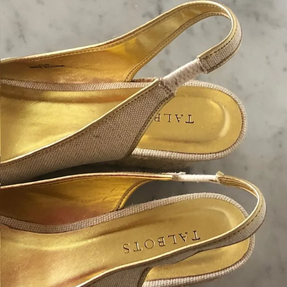 TALBOTS Linen Gold Cross Toe Jute Slingback Wedge Sandals 9 1/2M